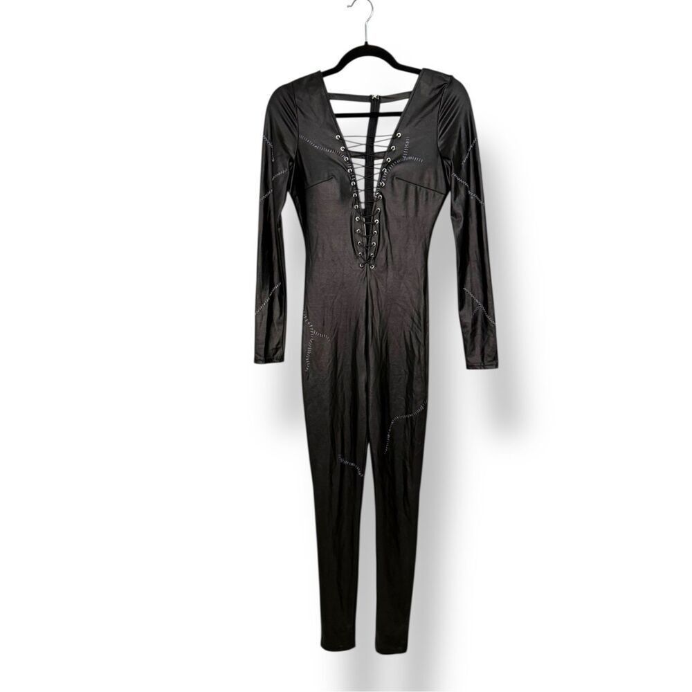 Frederick’s of Hollywood Women’s Medium Faux Leather Jumpsuit Sexy‎ Lace Up